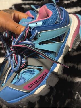 Pink and blue chunky trainer sneakers with bold layered design size 36